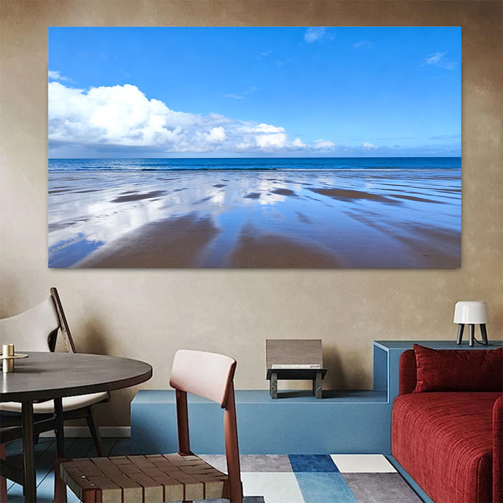 Blue Sky Tidal Flats canvas wall art, colorful room mockup.