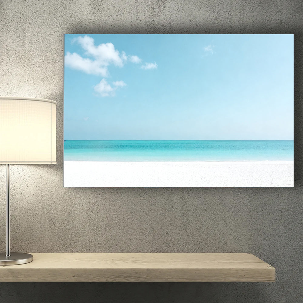 Pale Turquoise Horizon canvas wall art, wall mockup above a console.