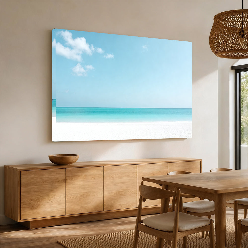 Pale Turquoise Horizon canvas wall art, angled mockup above a sideboard.