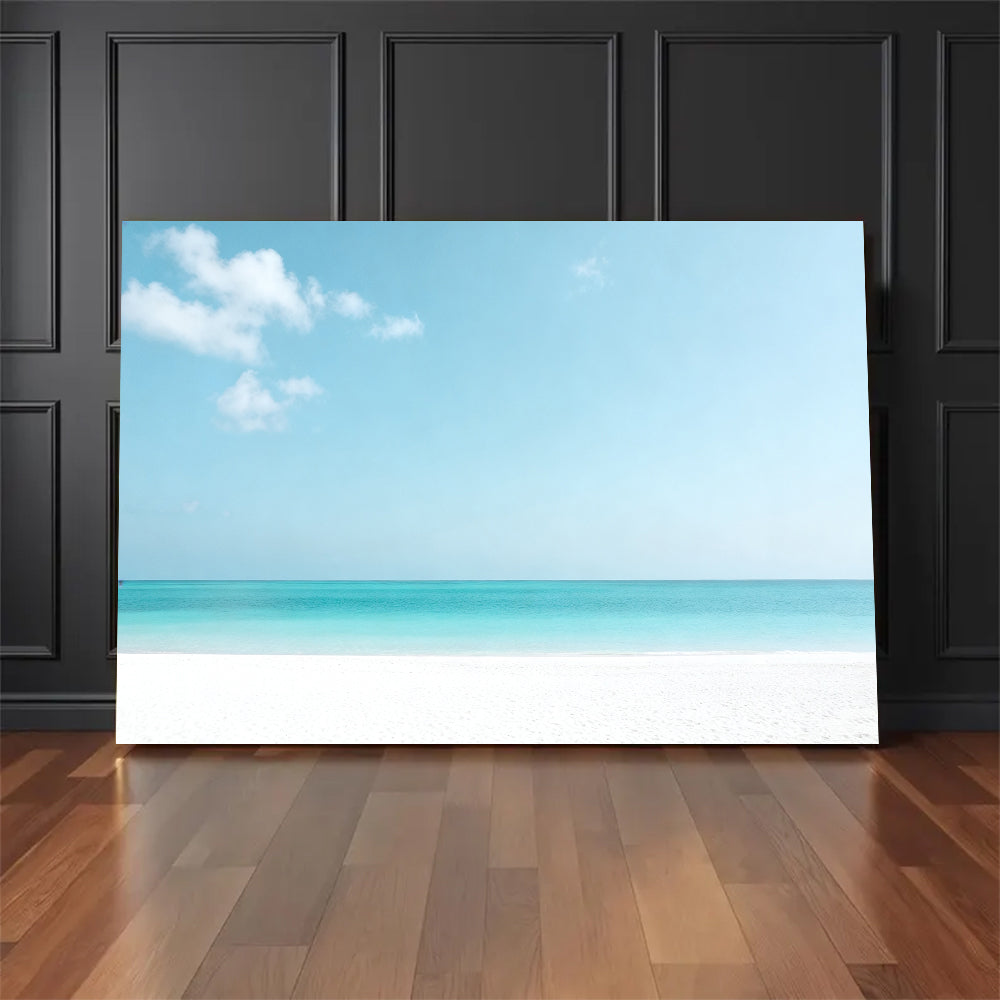 Pale Turquoise Horizon canvas wall art, floor display against a dark wall.