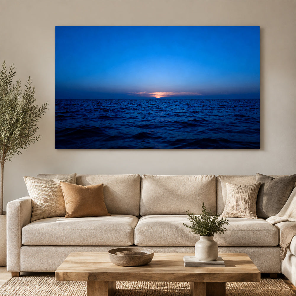 Last Light at Sea canvas wall art, living room mockup above a sofa.