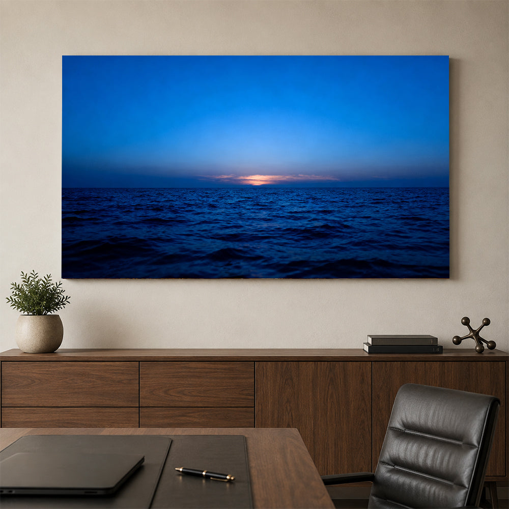 Last Light at Sea canvas wall art, office mockup above a desk.