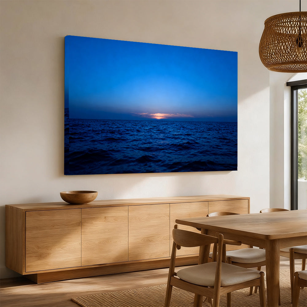 Last Light at Sea canvas wall art, angled mockup above a sideboard.