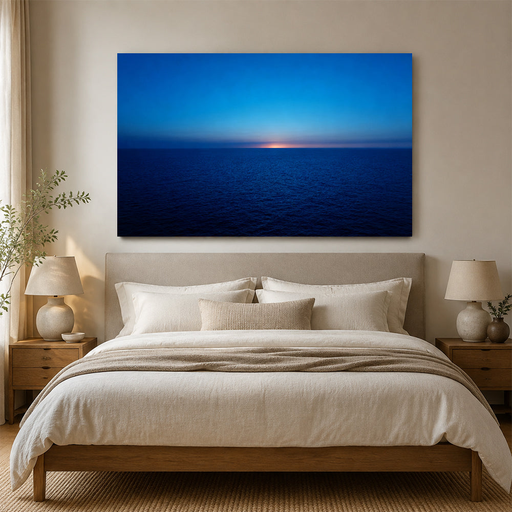 Deep Blue Twilight canvas wall art, bedroom mockup above a bed.
