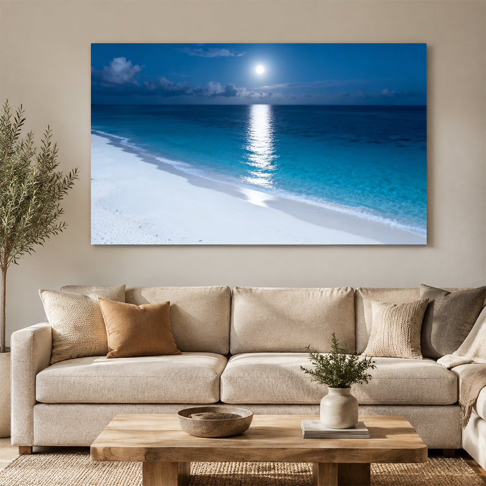 Moonlit Tropical Shore canvas wall art, living room mockup above a sofa.