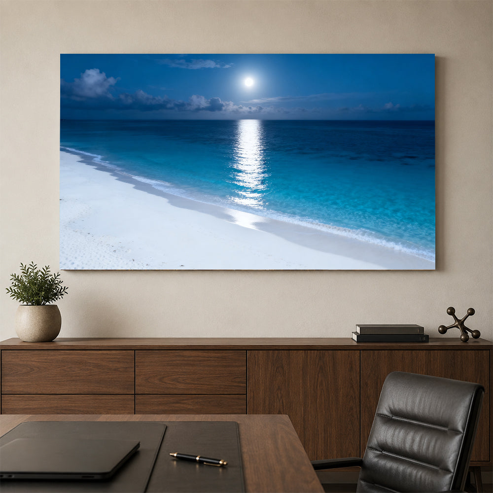 Moonlit Tropical Shore canvas wall art, office mockup above a desk.