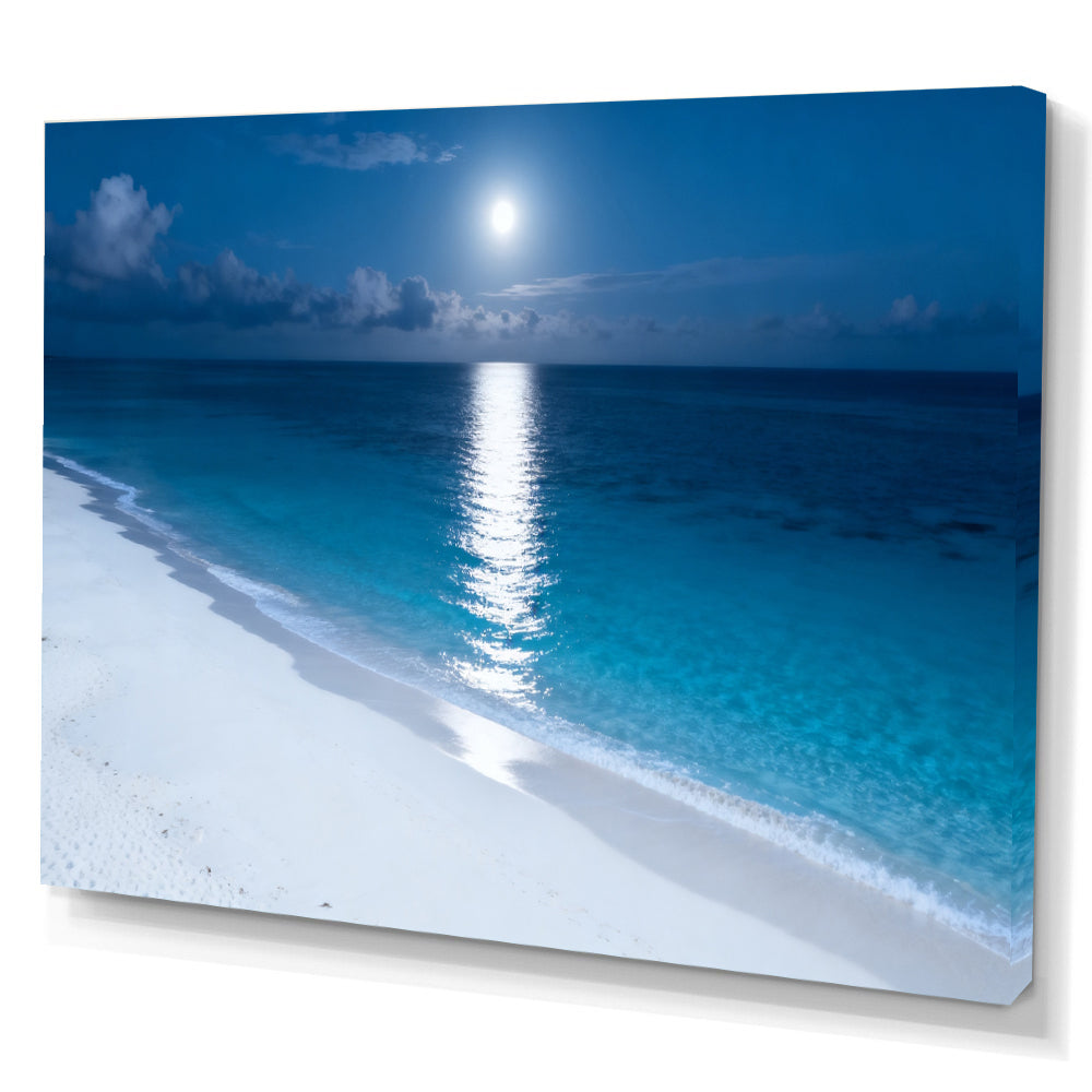 Moonlit Tropical Shore canvas wall art, angled canvas mockup on a white background.