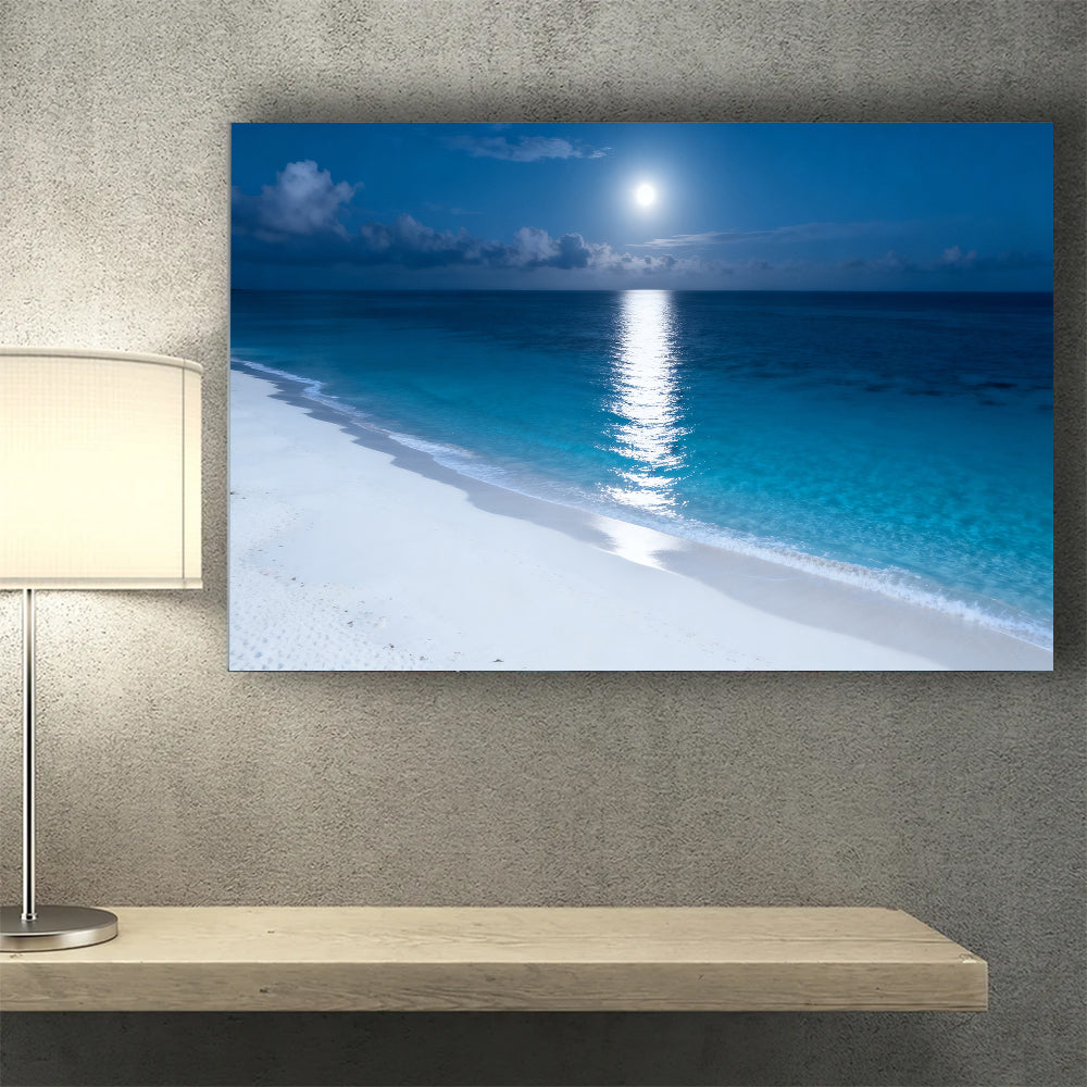 Moonlit Tropical Shore canvas wall art, wall mockup above a console.