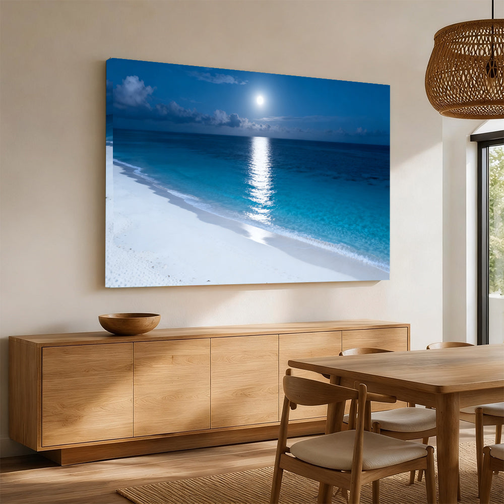 Moonlit Tropical Shore canvas wall art, angled mockup above a sideboard.