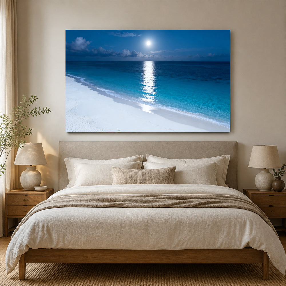 Moonlit Tropical Shore canvas wall art, bedroom mockup above a bed.