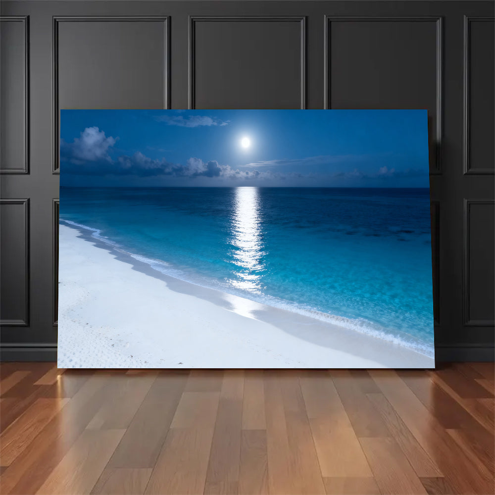 Moonlit Tropical Shore canvas wall art, floor display against a dark wall.