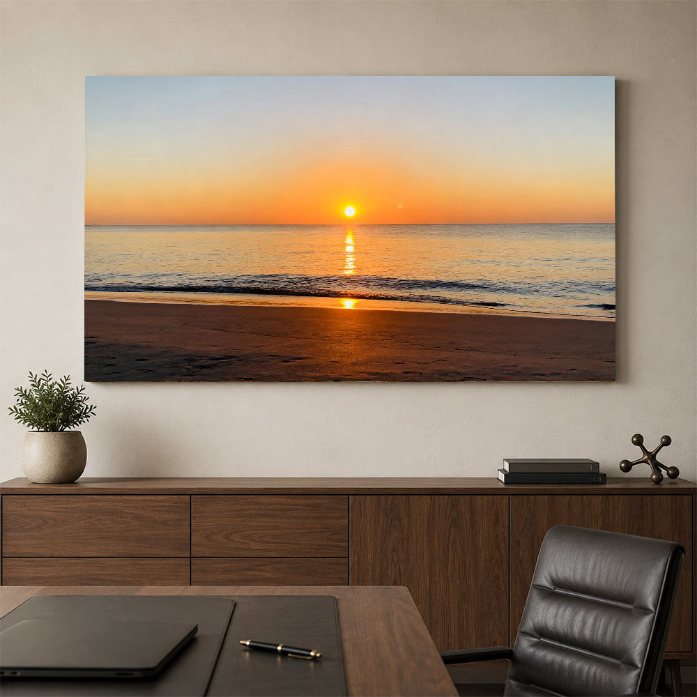 Golden Ocean Sunrise canvas wall art, office mockup above a desk.