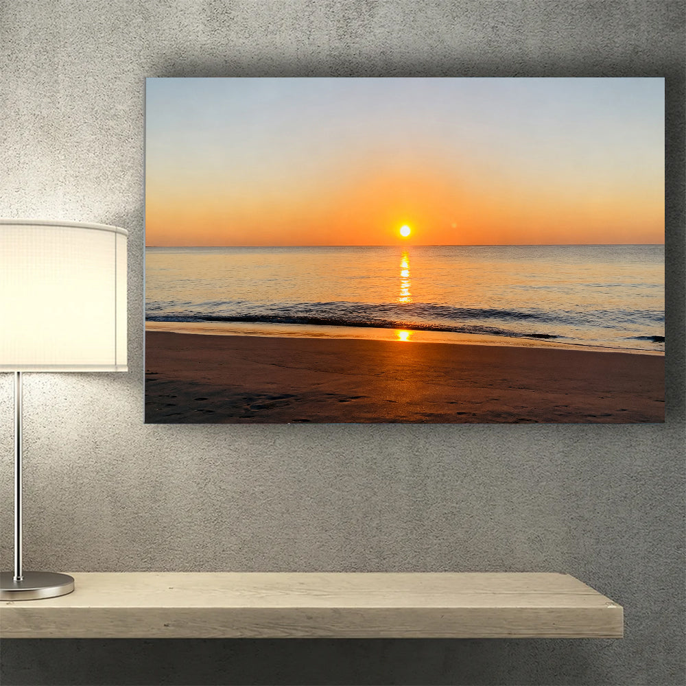 Golden Ocean Sunrise canvas wall art, wall mockup above a console.