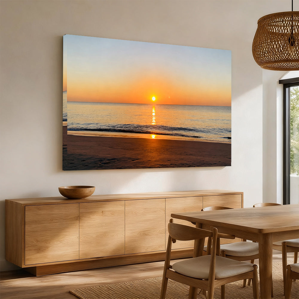 Golden Ocean Sunrise canvas wall art, angled mockup above a sideboard.
