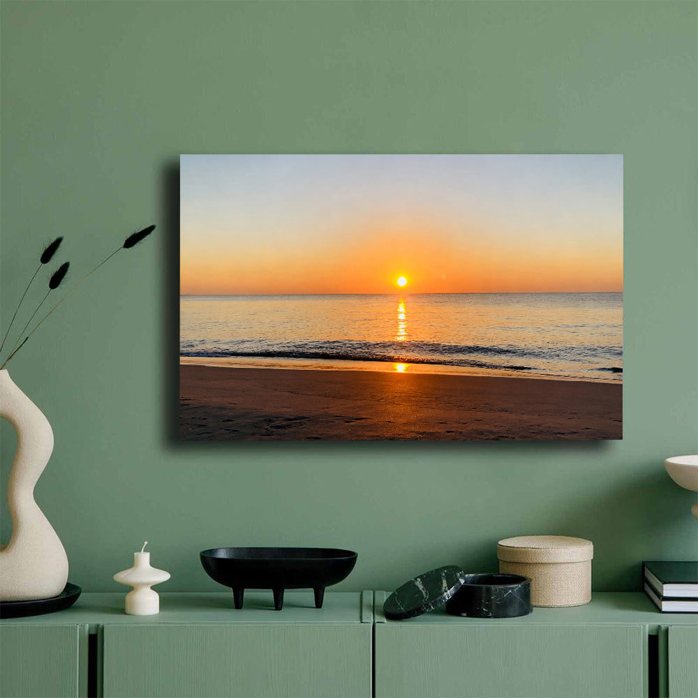 Golden Ocean Sunrise canvas wall art, mockup on a green wall.