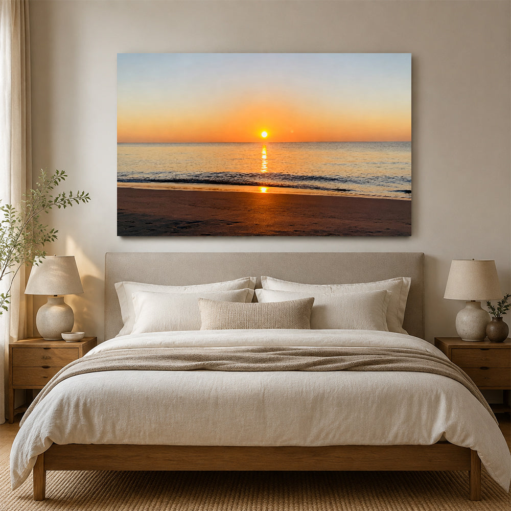 Golden Ocean Sunrise canvas wall art, bedroom mockup above a bed.