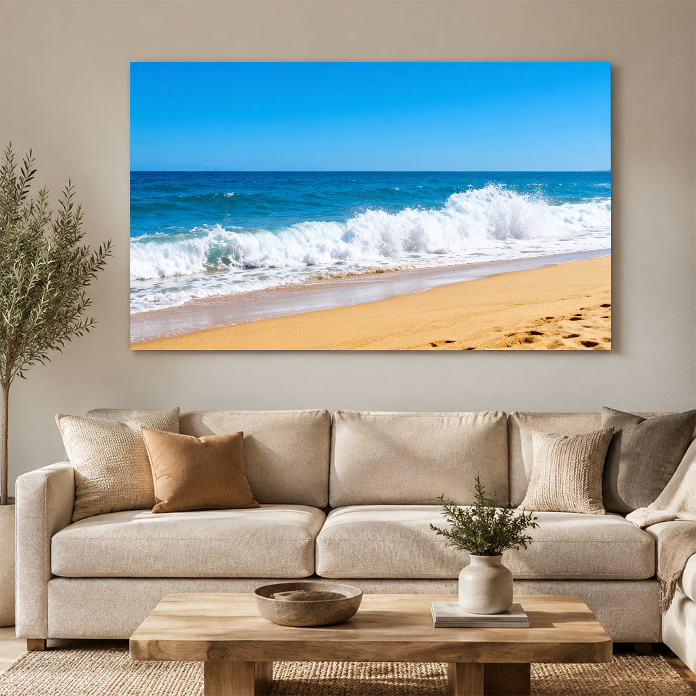 Summer Breaking Wave canvas wall art, living room mockup above a sofa.