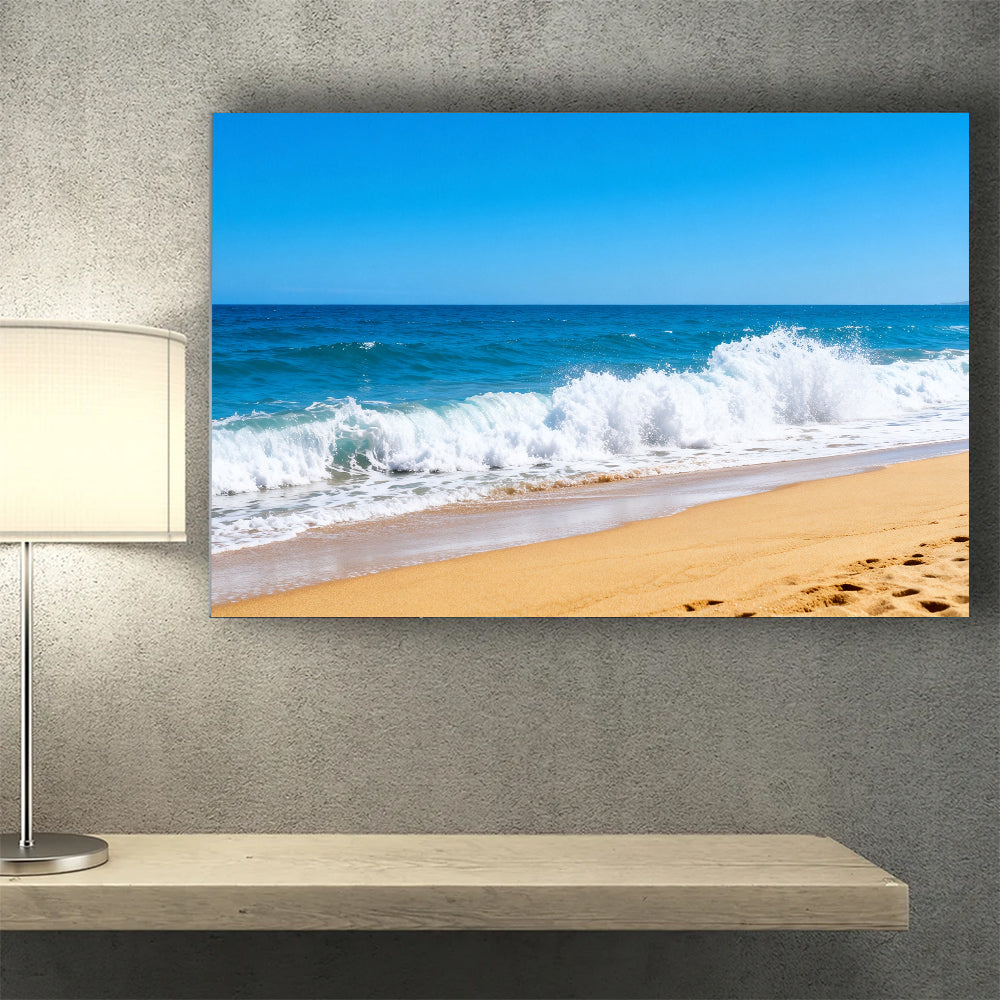 Summer Breaking Wave canvas wall art, wall mockup above a console.