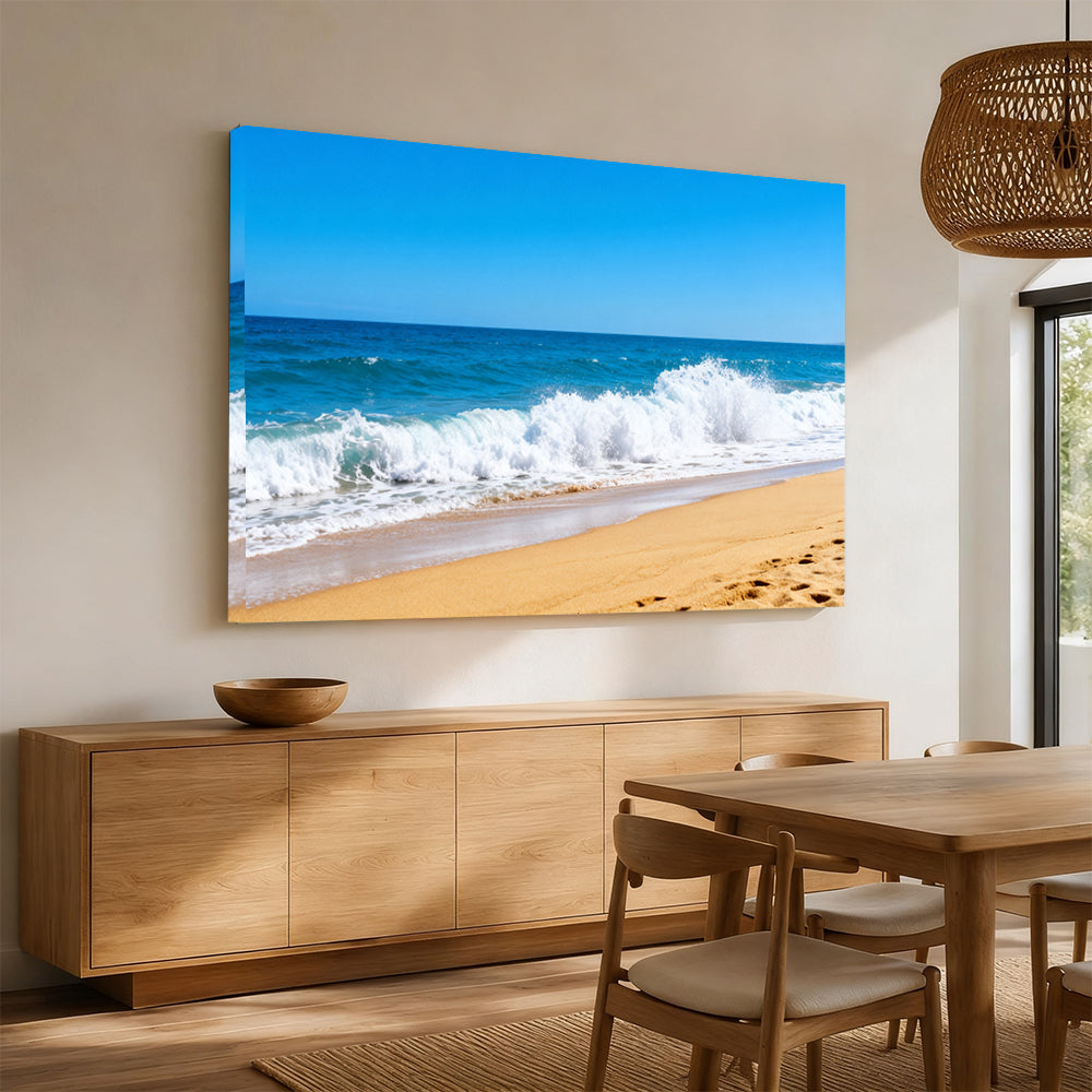 Summer Breaking Wave canvas wall art, angled mockup above a sideboard.