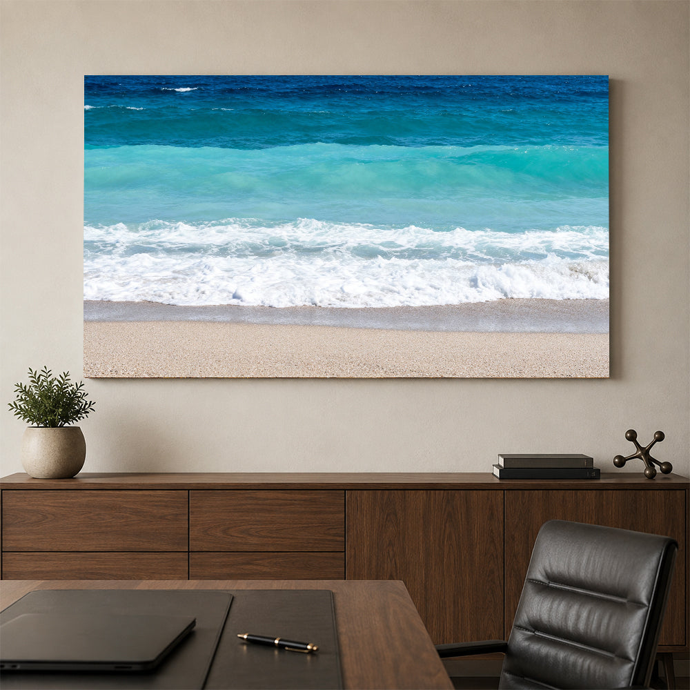 Turquoise Shore Break canvas wall art, office mockup above a desk.
