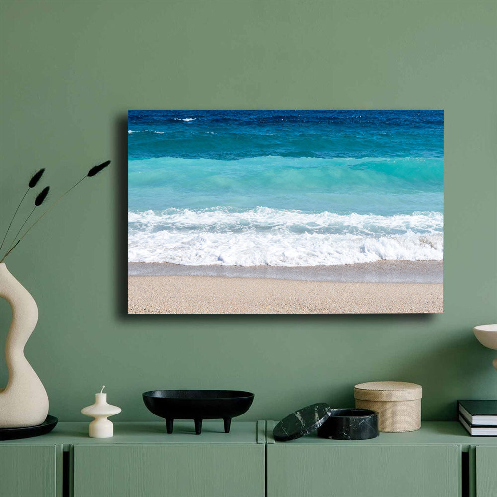 Turquoise Shore Break canvas wall art, mockup on a green wall.