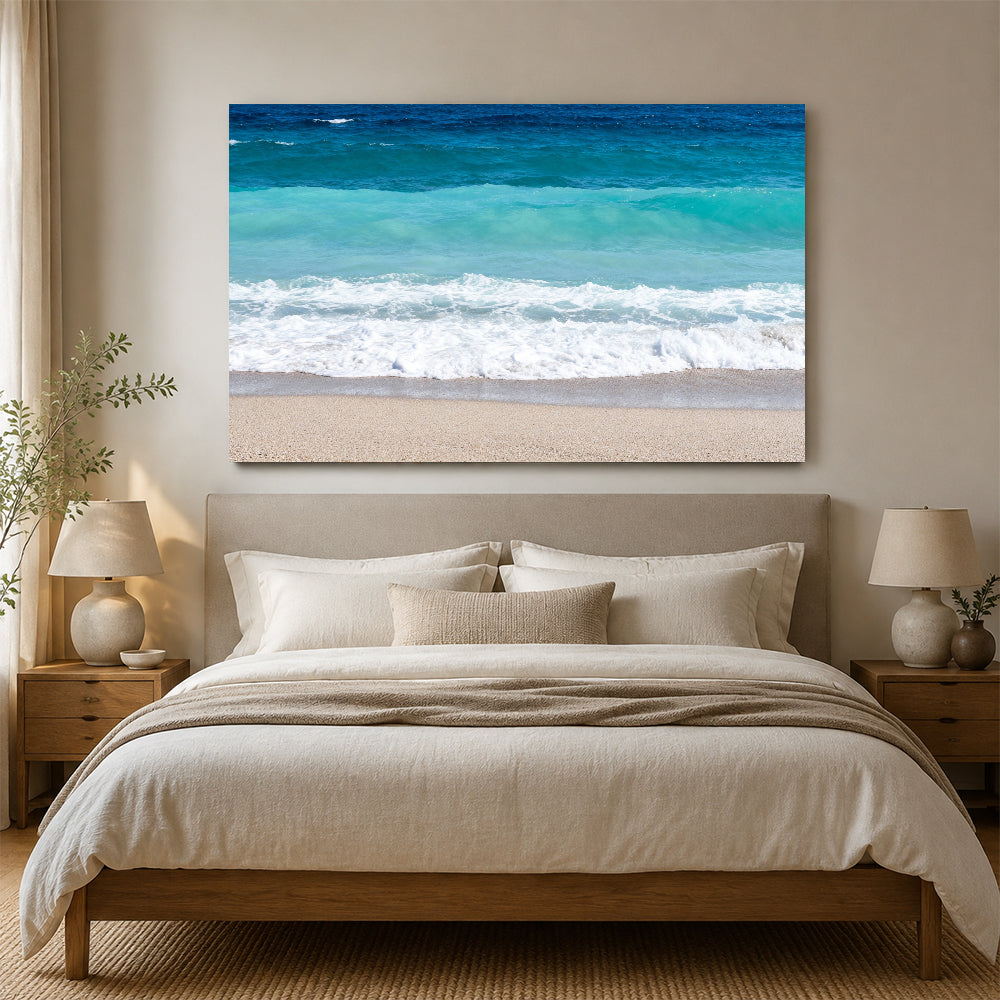 Turquoise Shore Break canvas wall art, bedroom mockup above a bed.