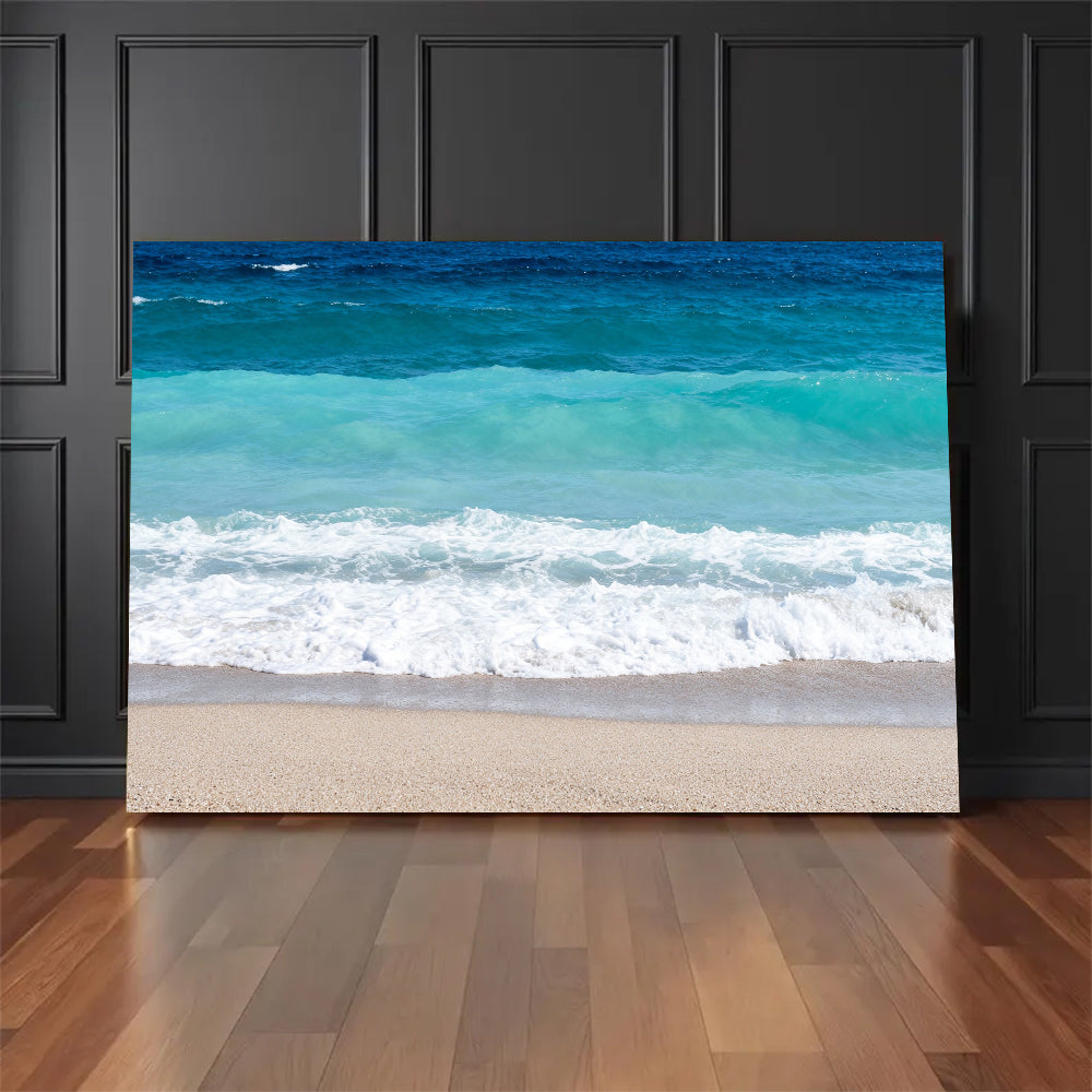 Turquoise Shore Break canvas wall art, floor display against a dark wall.