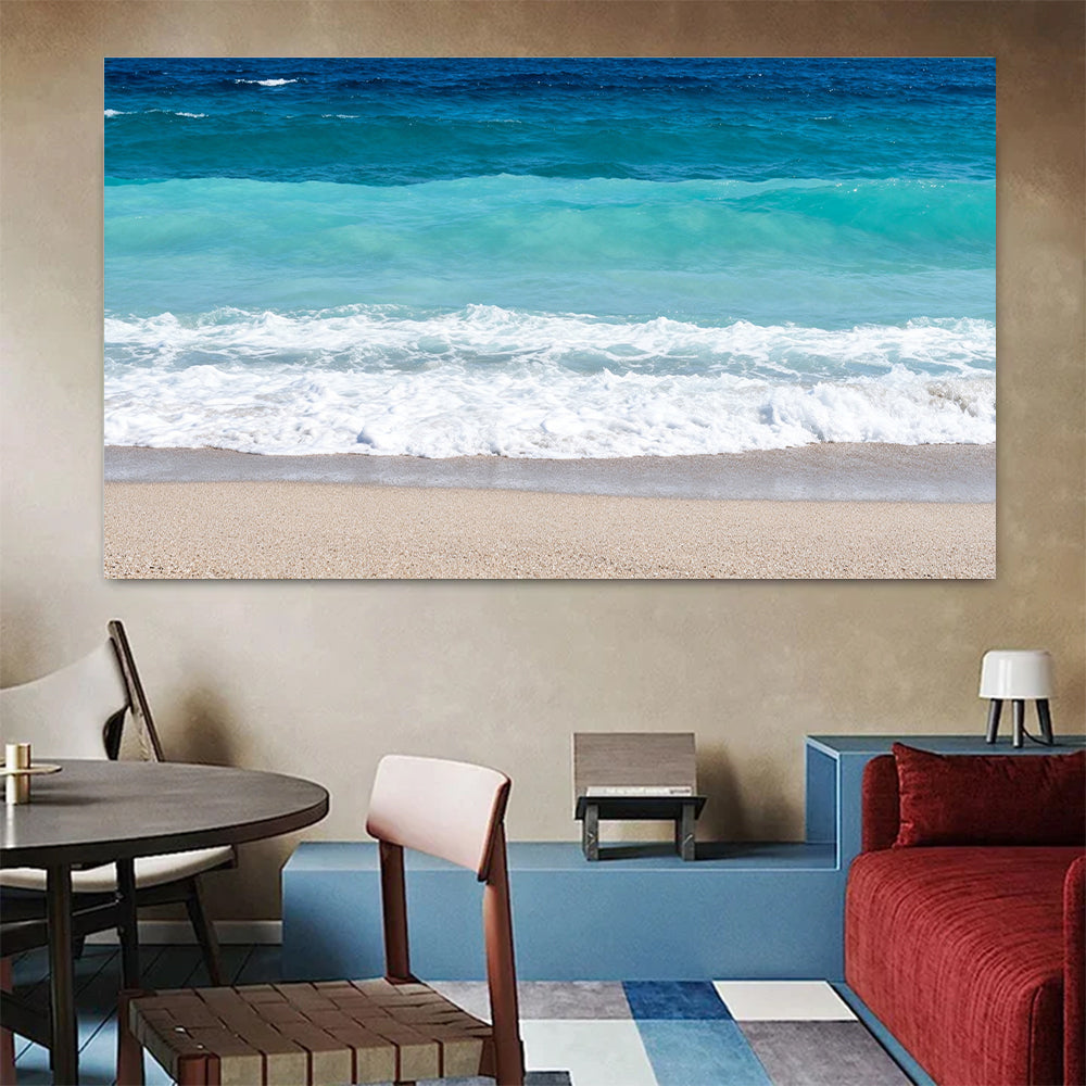 Turquoise Shore Break canvas wall art, colorful room mockup.