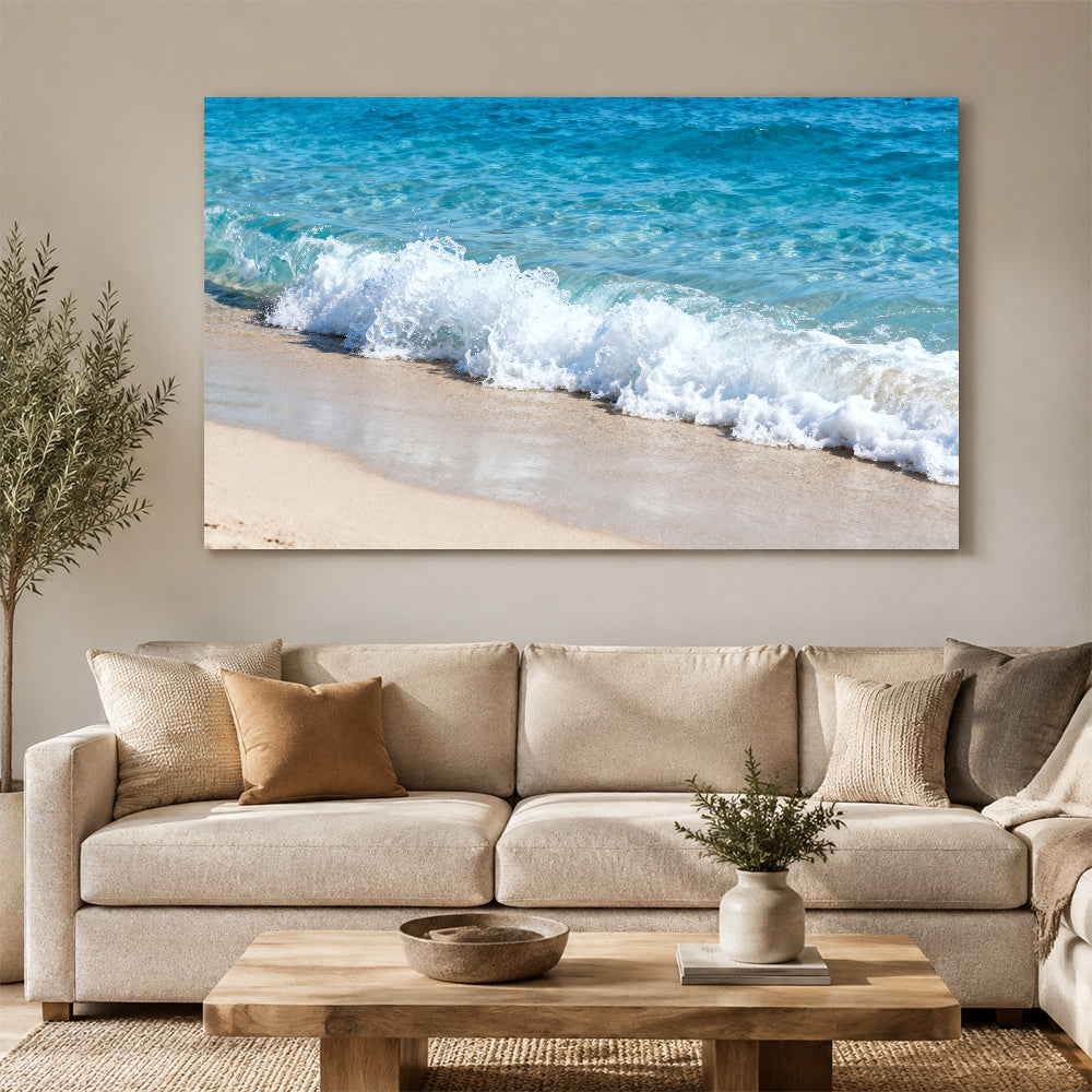 Foam on Pale Sand canvas wall art, living room mockup above a sofa.