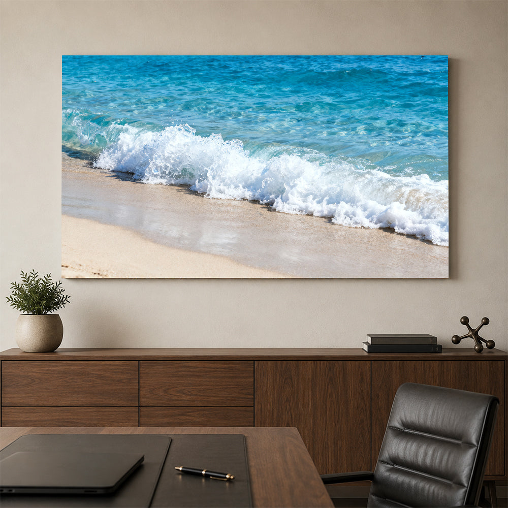 Foam on Pale Sand canvas wall art, office mockup above a desk.
