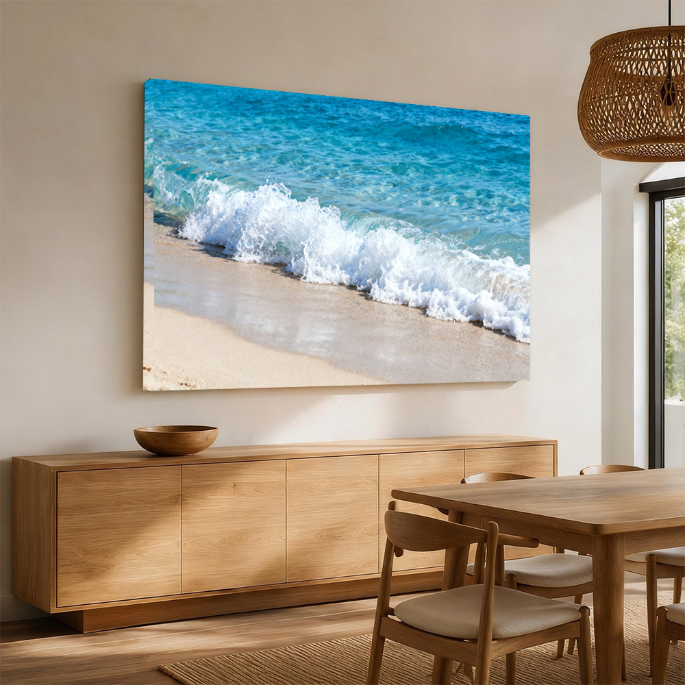 Foam on Pale Sand canvas wall art, angled mockup above a sideboard.