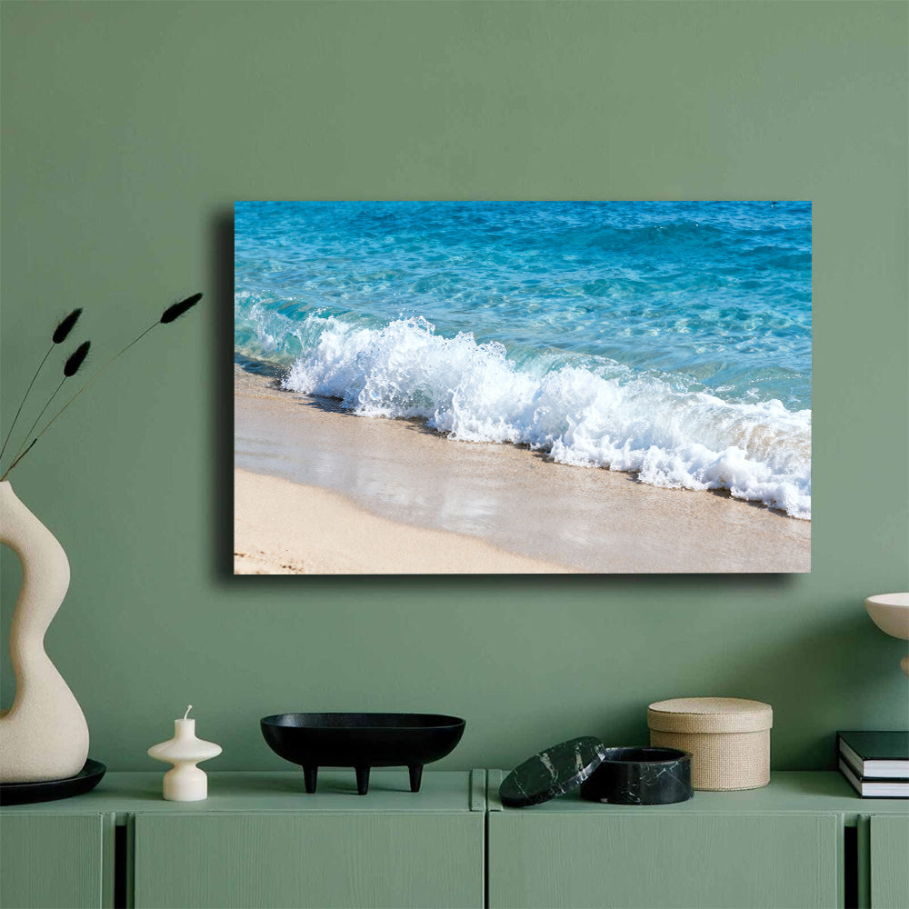 Foam on Pale Sand canvas wall art, mockup on a green wall.