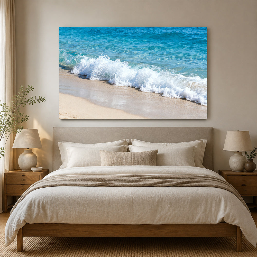 Foam on Pale Sand canvas wall art, bedroom mockup above a bed.