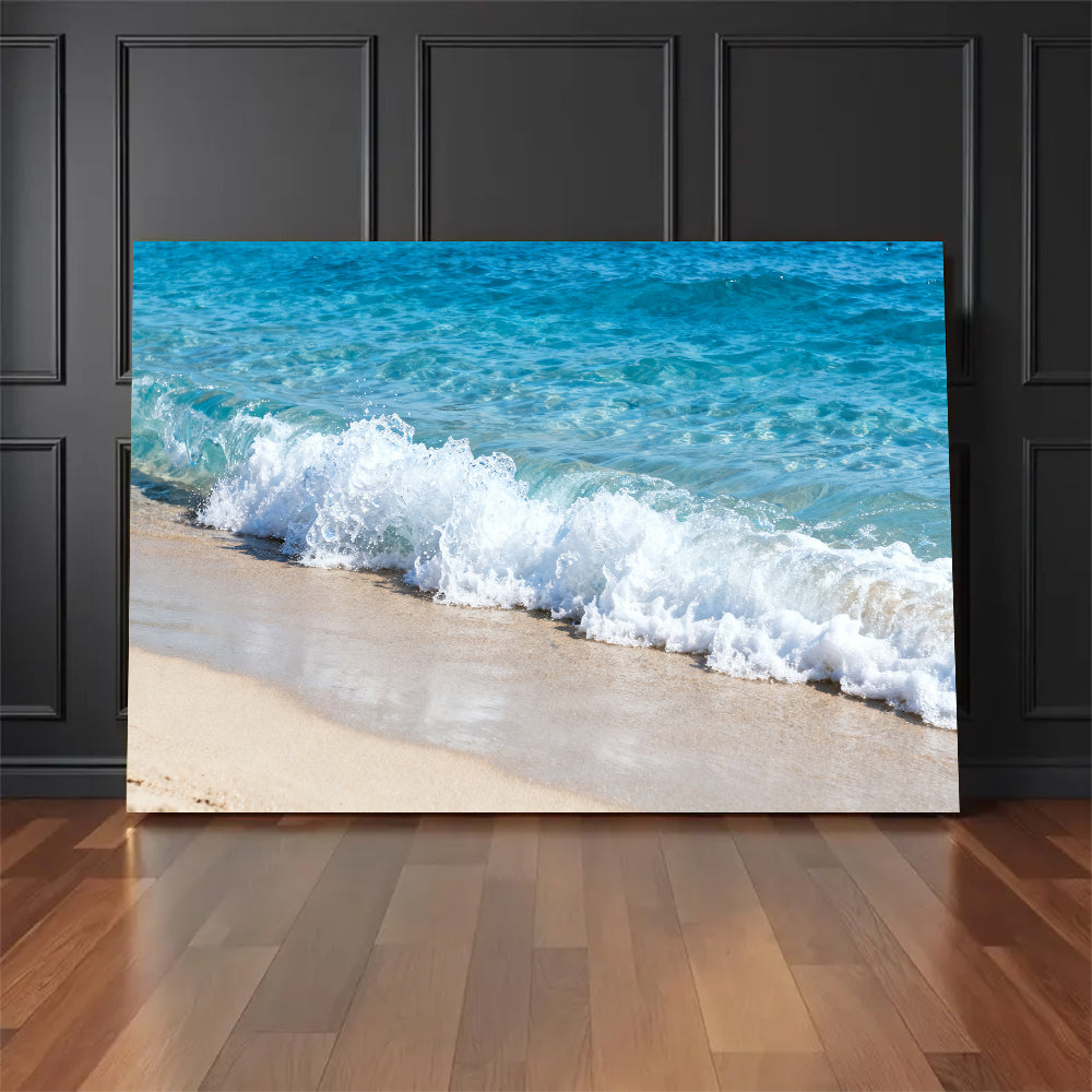 Foam on Pale Sand canvas wall art, floor display against a dark wall.