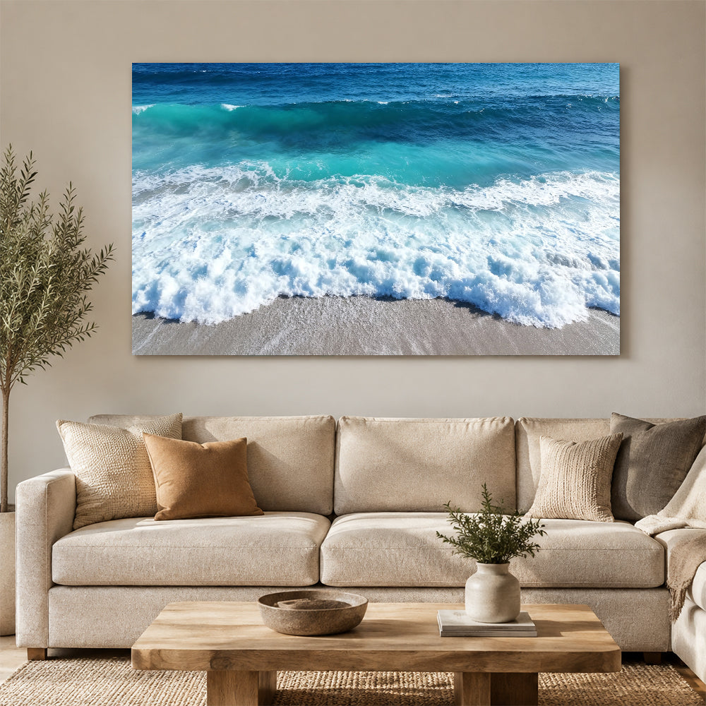 Rolling Teal Surf canvas wall art, living room mockup above a sofa.