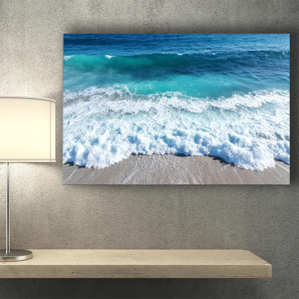 Rolling Teal Surf canvas wall art, wall mockup above a console.