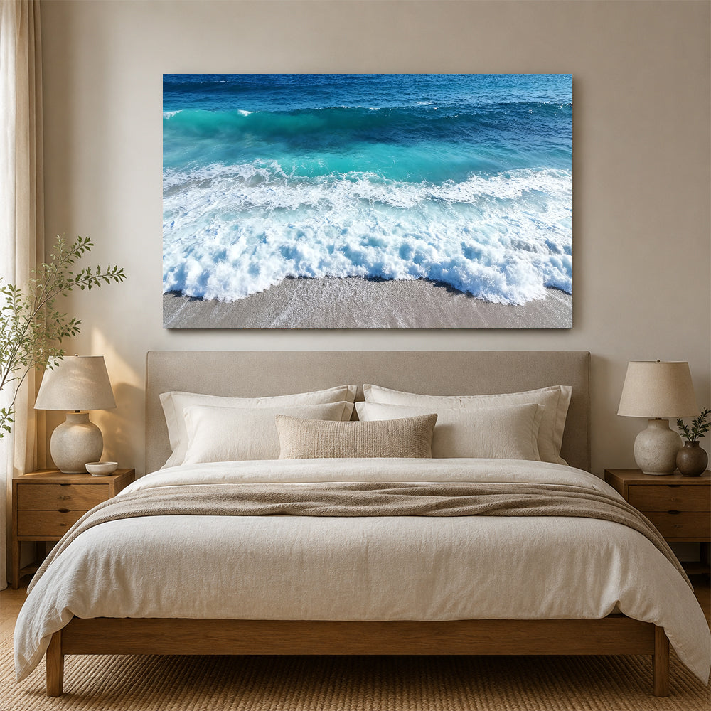 Rolling Teal Surf canvas wall art, bedroom mockup above a bed.