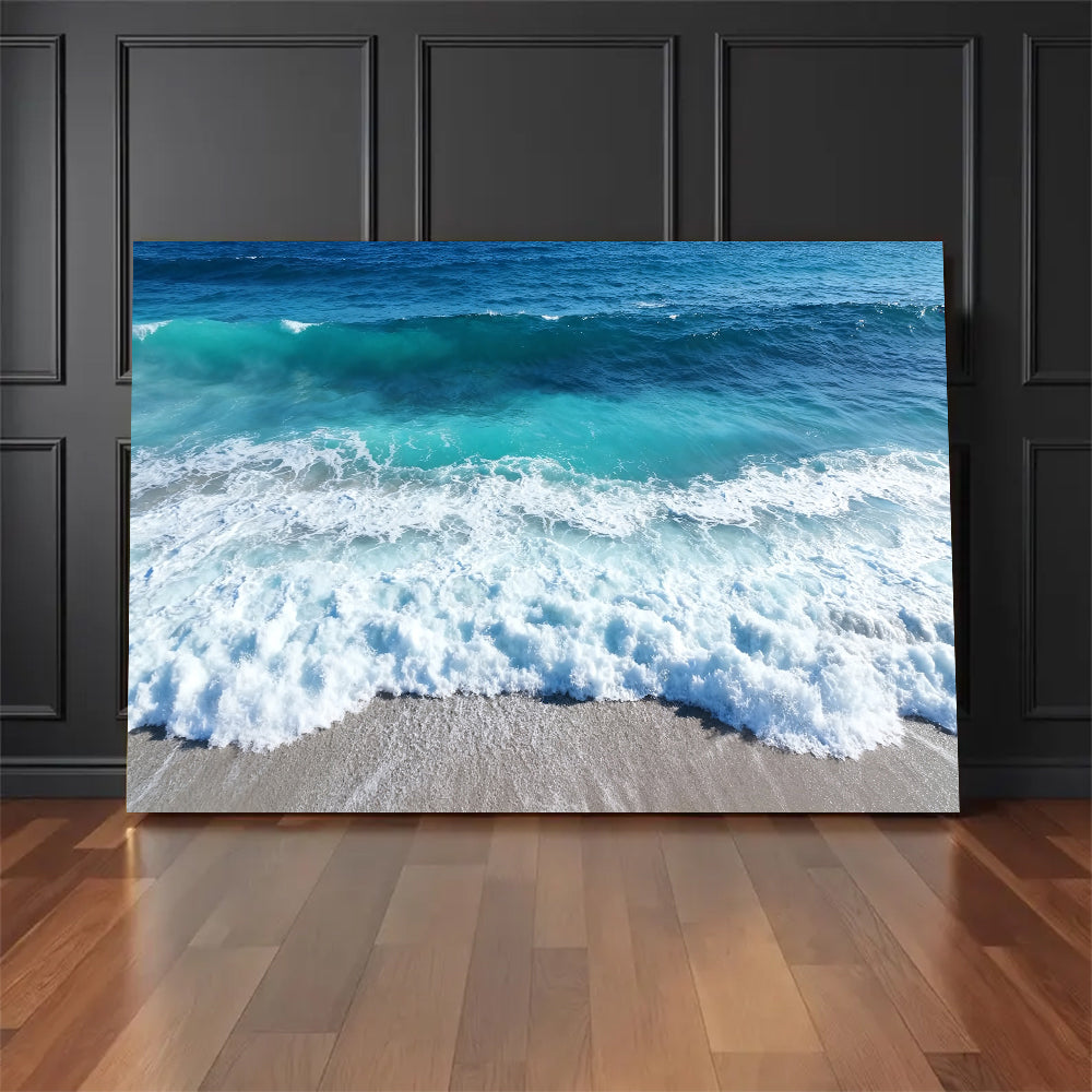 Rolling Teal Surf canvas wall art, floor display against a dark wall.