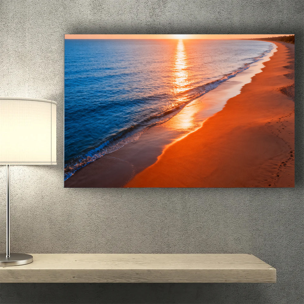 Amber Shoreline Glow canvas wall art, wall mockup above a console.