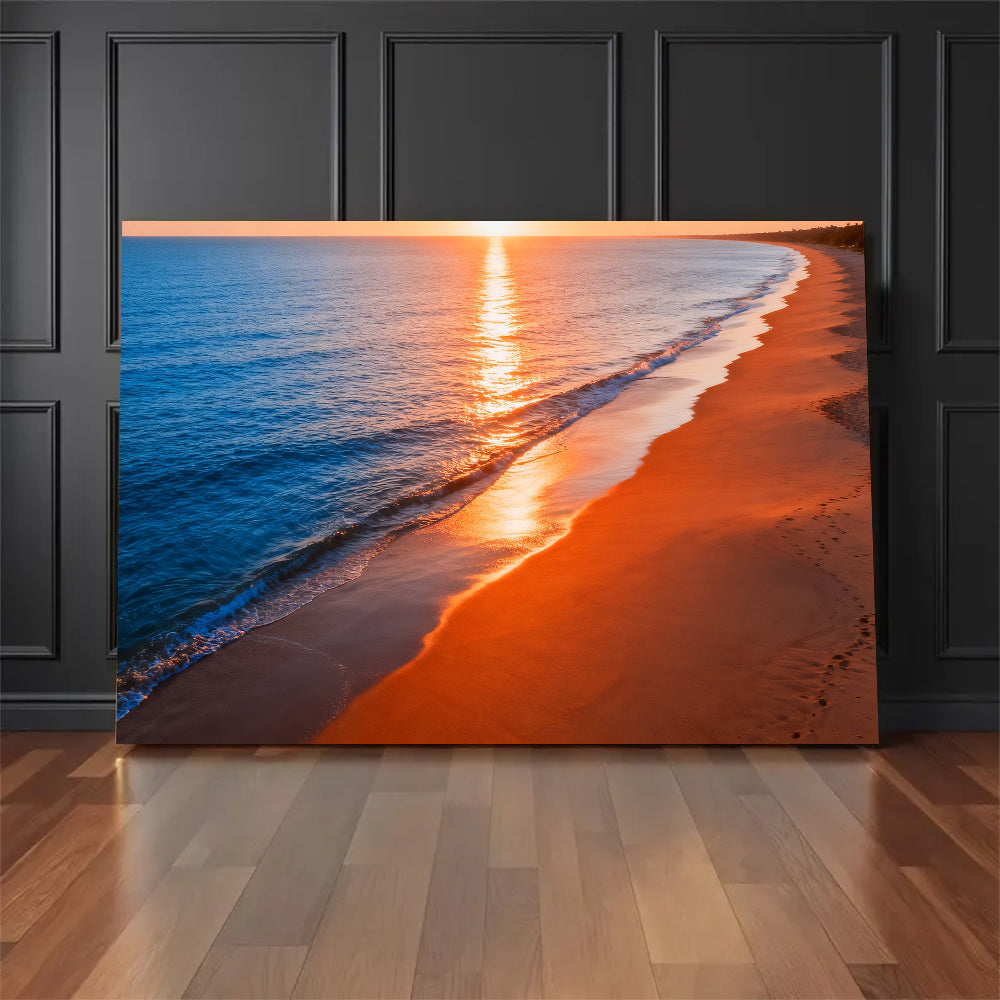Amber Shoreline Glow canvas wall art, floor display against a dark wall.