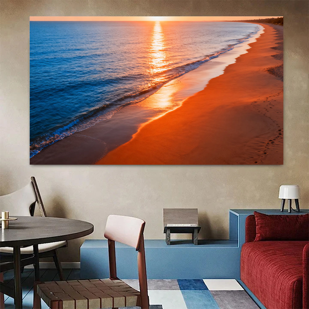 Amber Shoreline Glow canvas wall art, colorful room mockup.