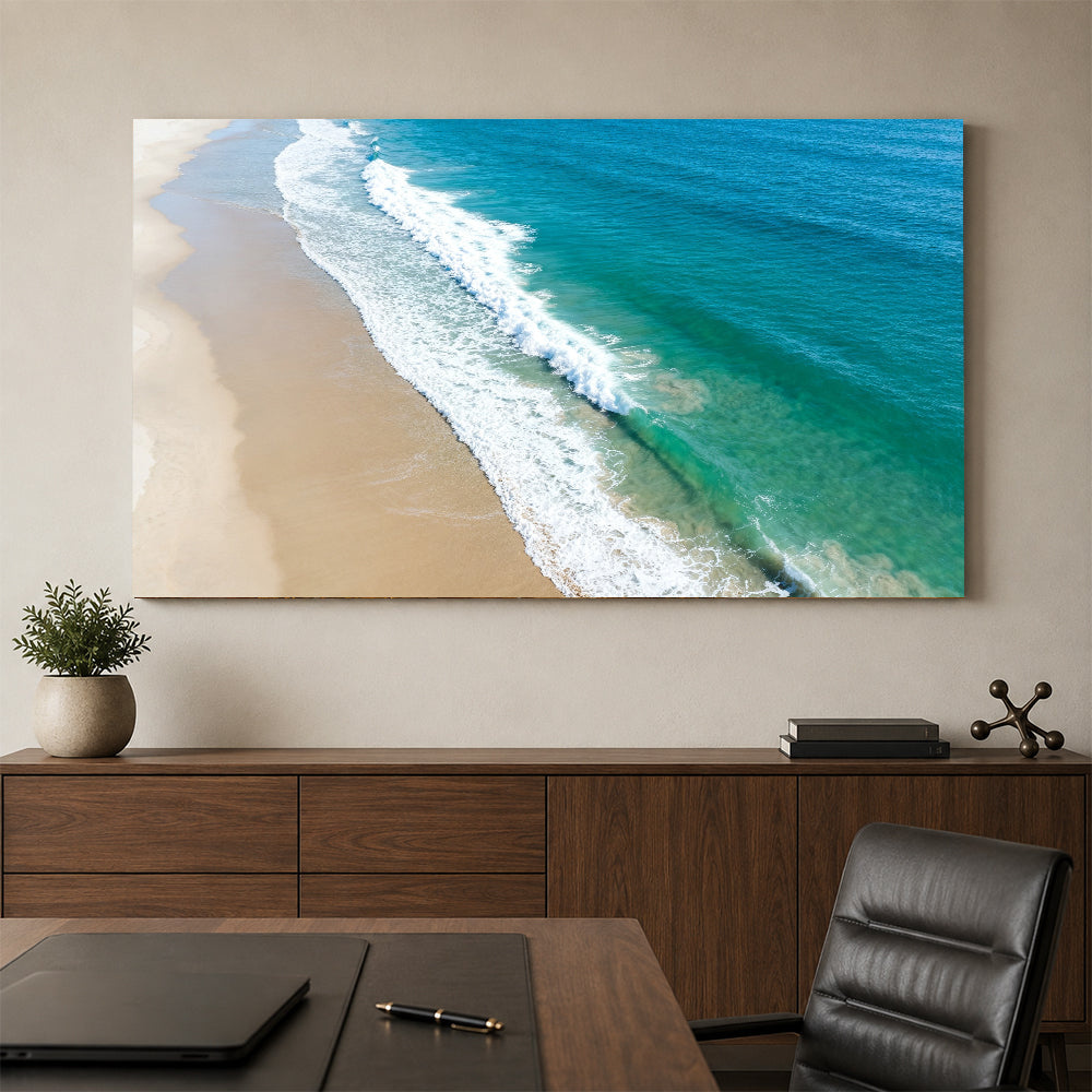 Aerial Sand and Surf canvas wall art, office mockup above a desk.