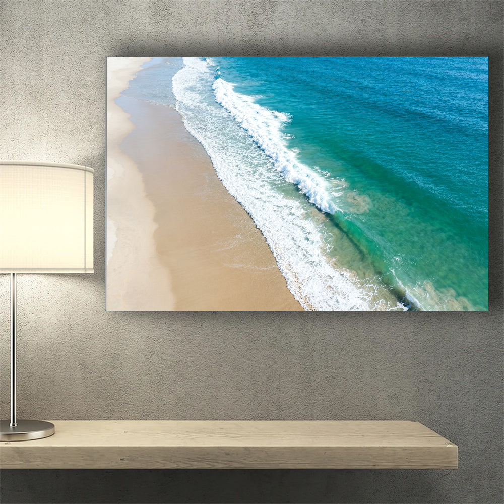 Aerial Sand and Surf canvas wall art, wall mockup above a console.