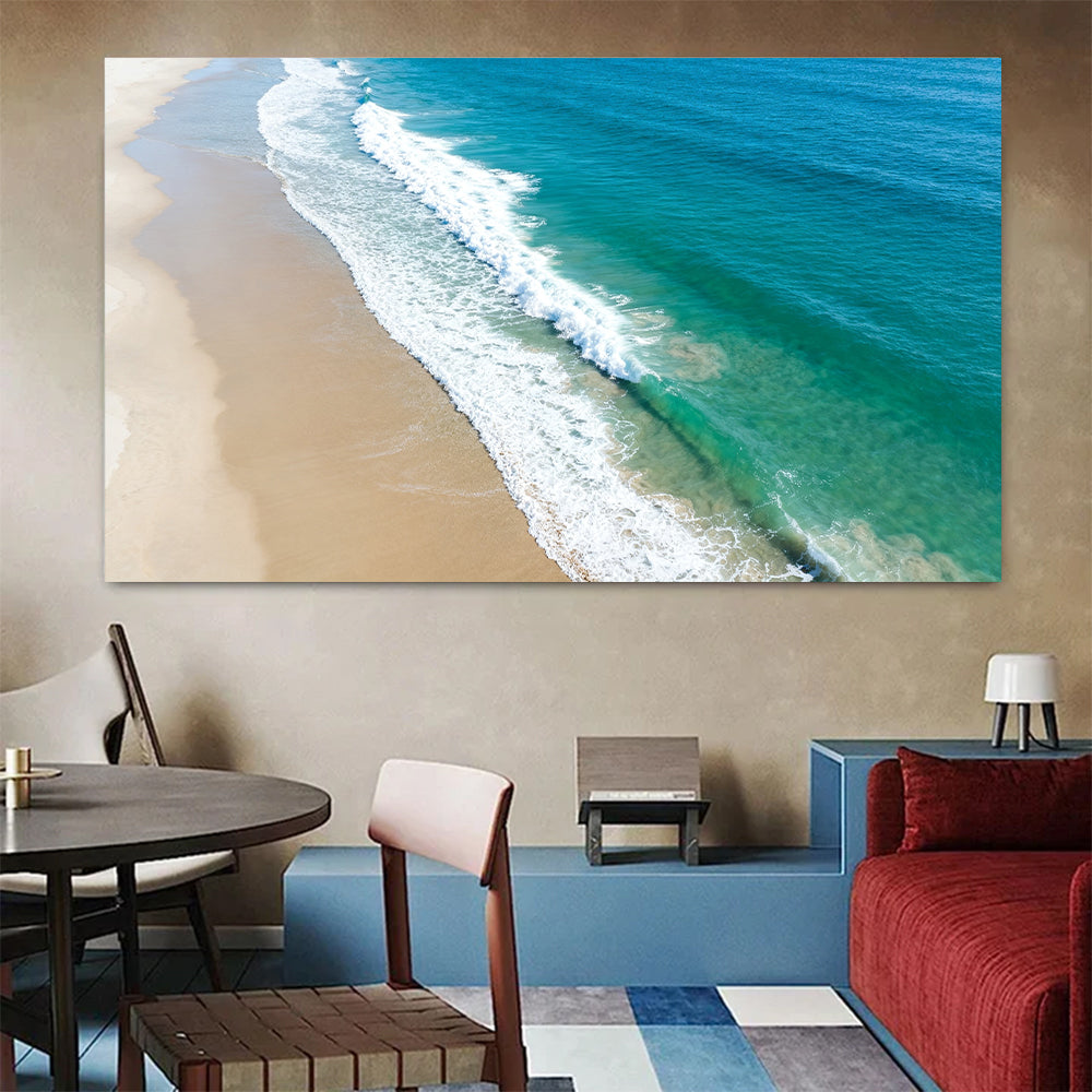 Aerial Sand and Surf canvas wall art, colorful room mockup.