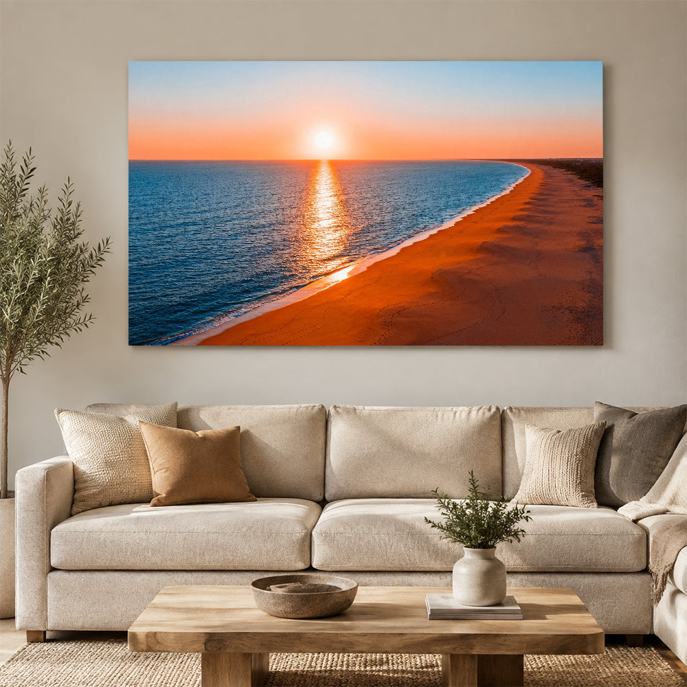 Golden Curving Coast canvas wall art, living room mockup above a sofa.