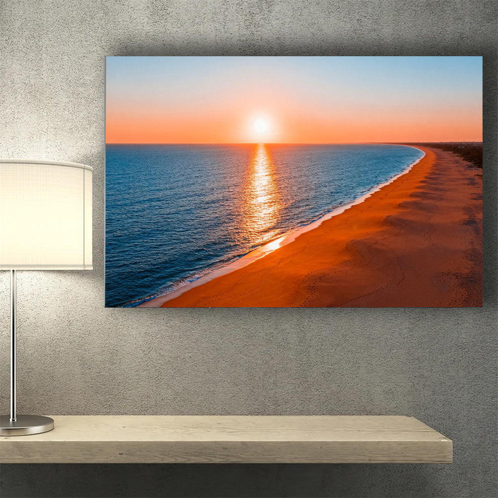 Golden Curving Coast canvas wall art, wall mockup above a console.