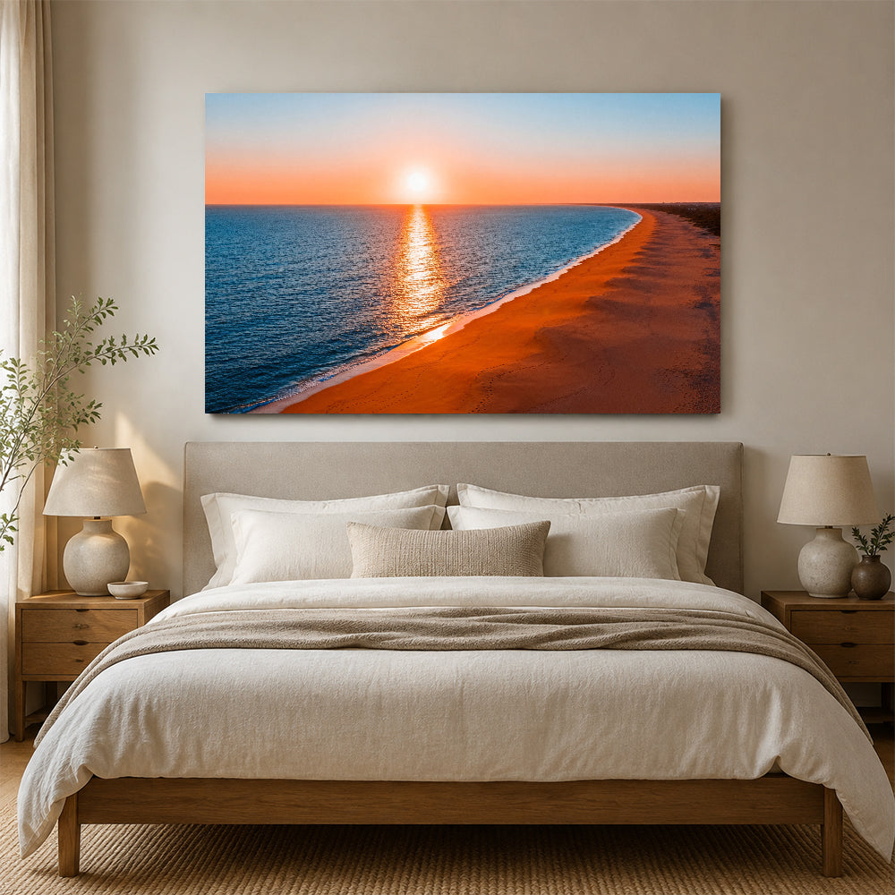 Golden Curving Coast canvas wall art, bedroom mockup above a bed.