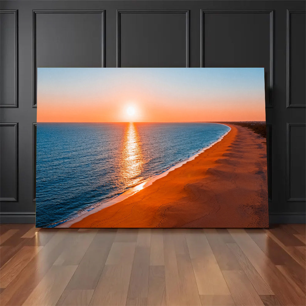 Golden Curving Coast canvas wall art, floor display against a dark wall.