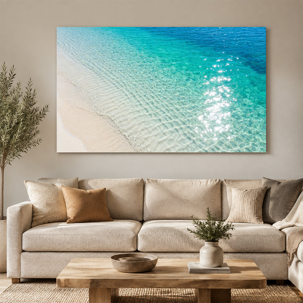 Sunlit Shallow Ripples canvas wall art, living room mockup above a sofa.