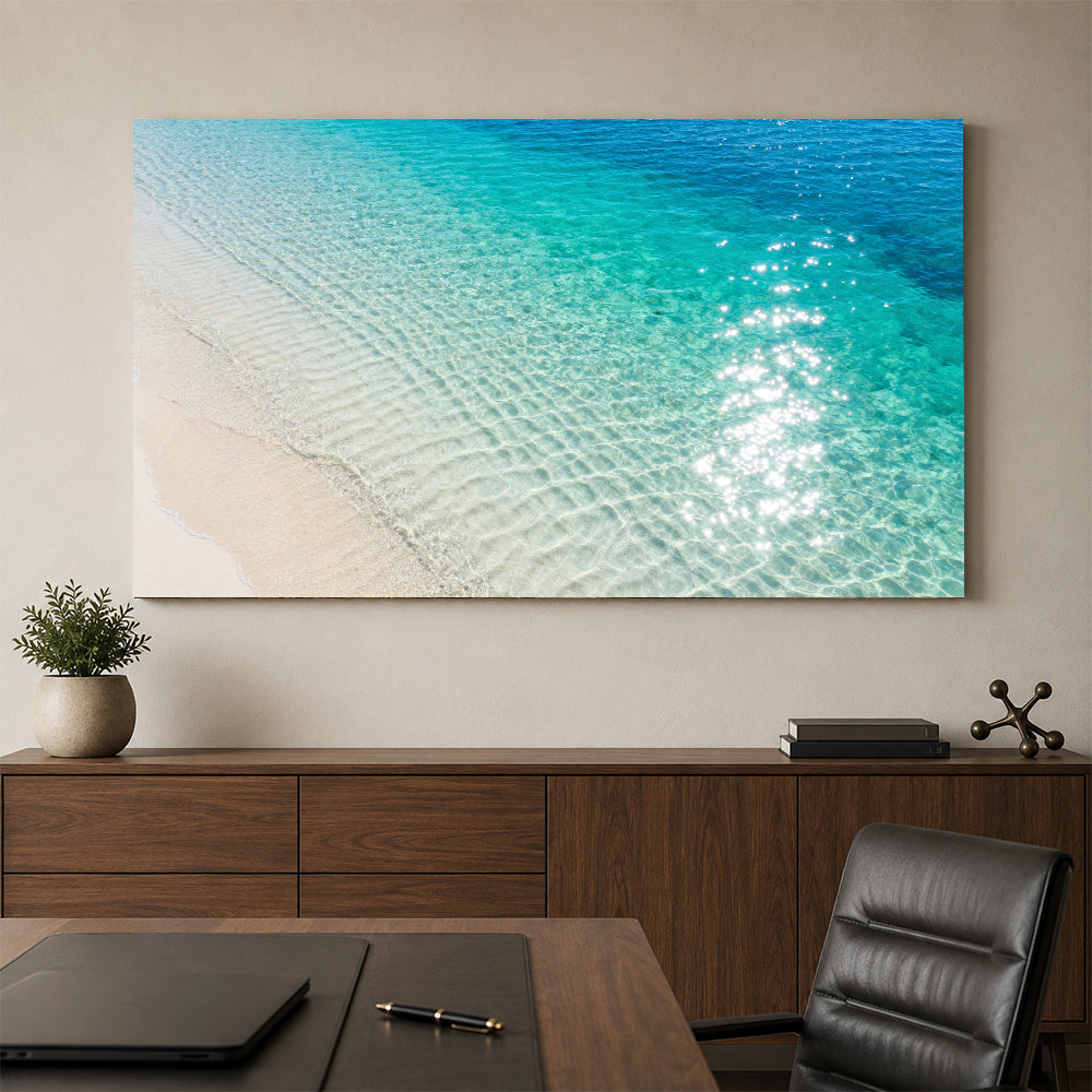 Sunlit Shallow Ripples canvas wall art, office mockup above a desk.
